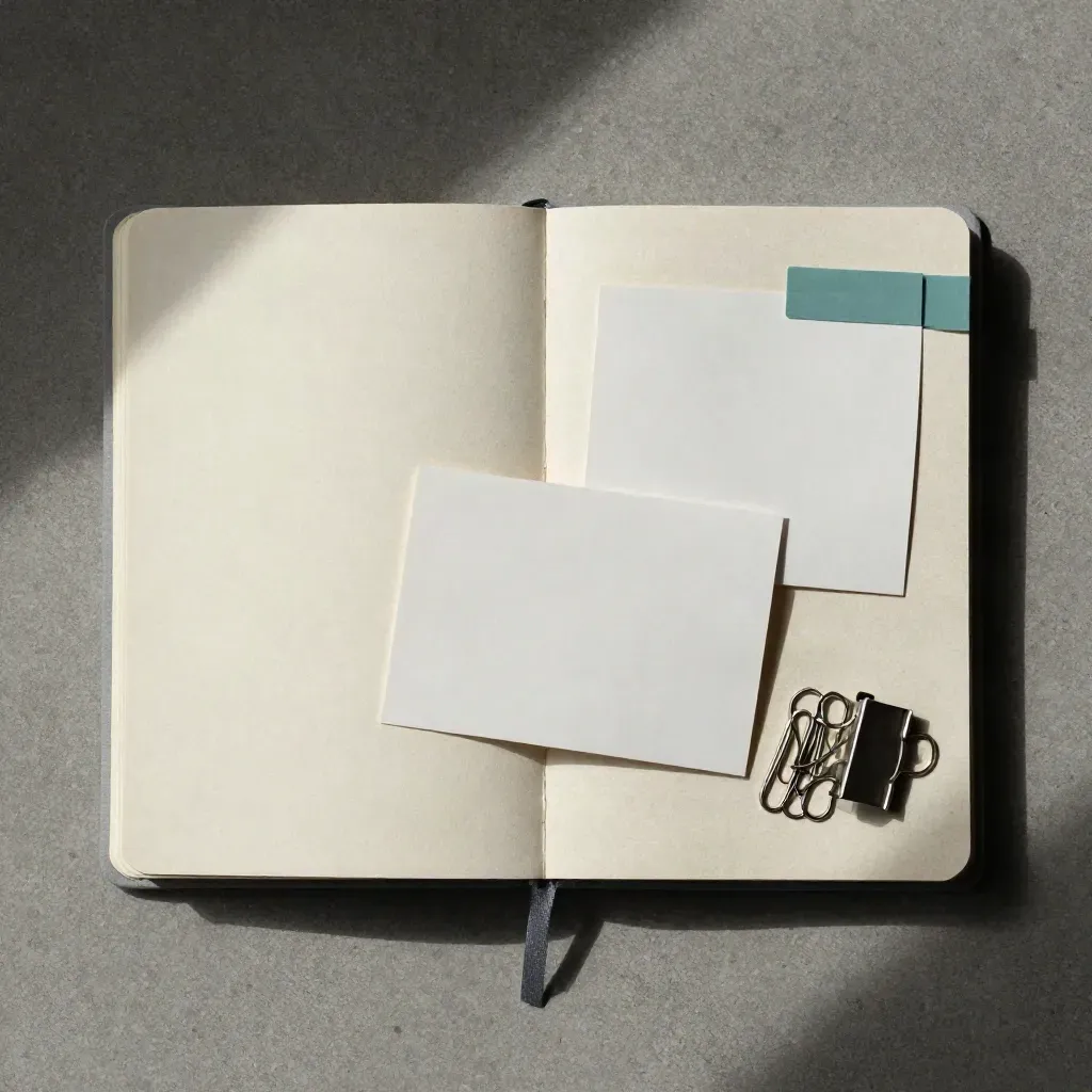 Flatlay kursu pisania ofert: notes, szablony PDF i spinacze na jasnym betonie.