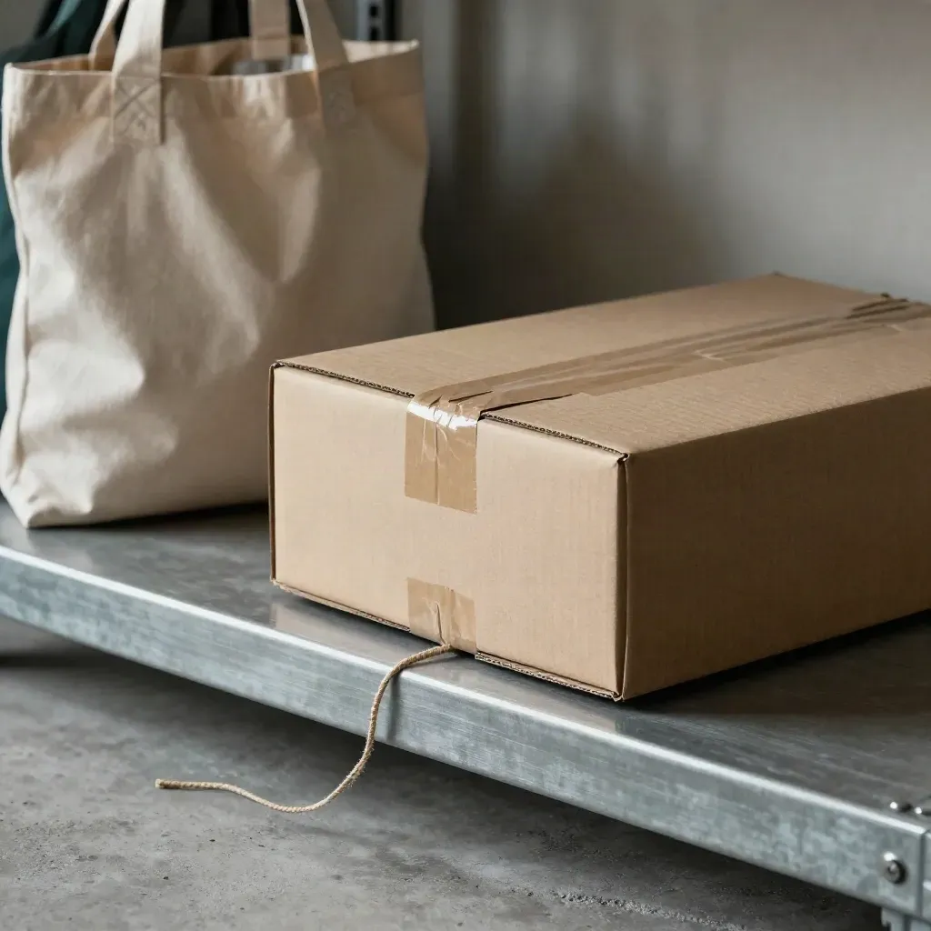 Pakiet logistyczny e-commerce przy stalowej półce, torbie i kartonie na betonowej posadzce