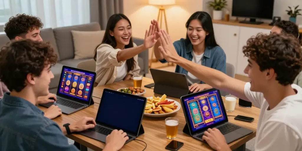 Friends celebrating their wins while playing slot gacor gampang menang on digital devices in a cozy living room.