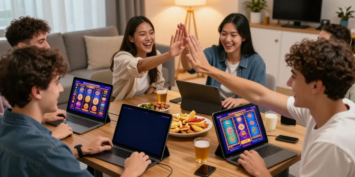 Friends celebrating their wins while playing slot gacor gampang menang on digital devices in a cozy living room.