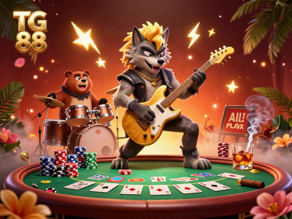 Experience the excitement of TG 88 with a dynamic casino scene featuring a rock star wolf and drummer bear.