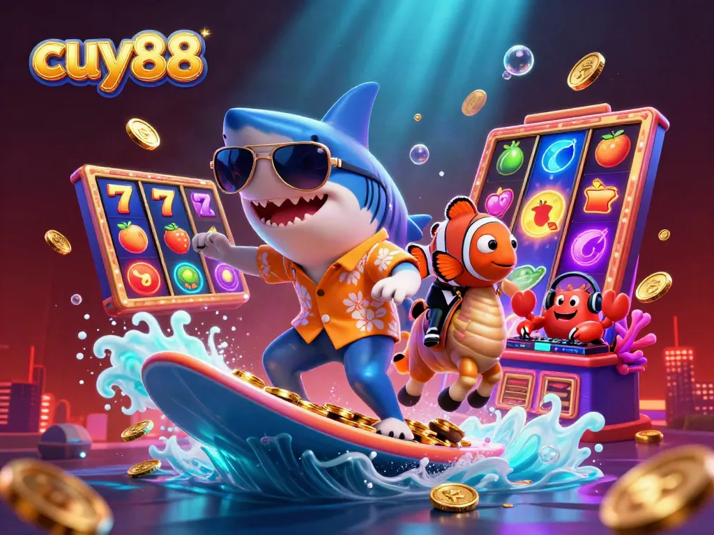 Engage in exciting gameplay with cuy88, featuring a shark surfer amidst vibrant slot reels and gold coins.