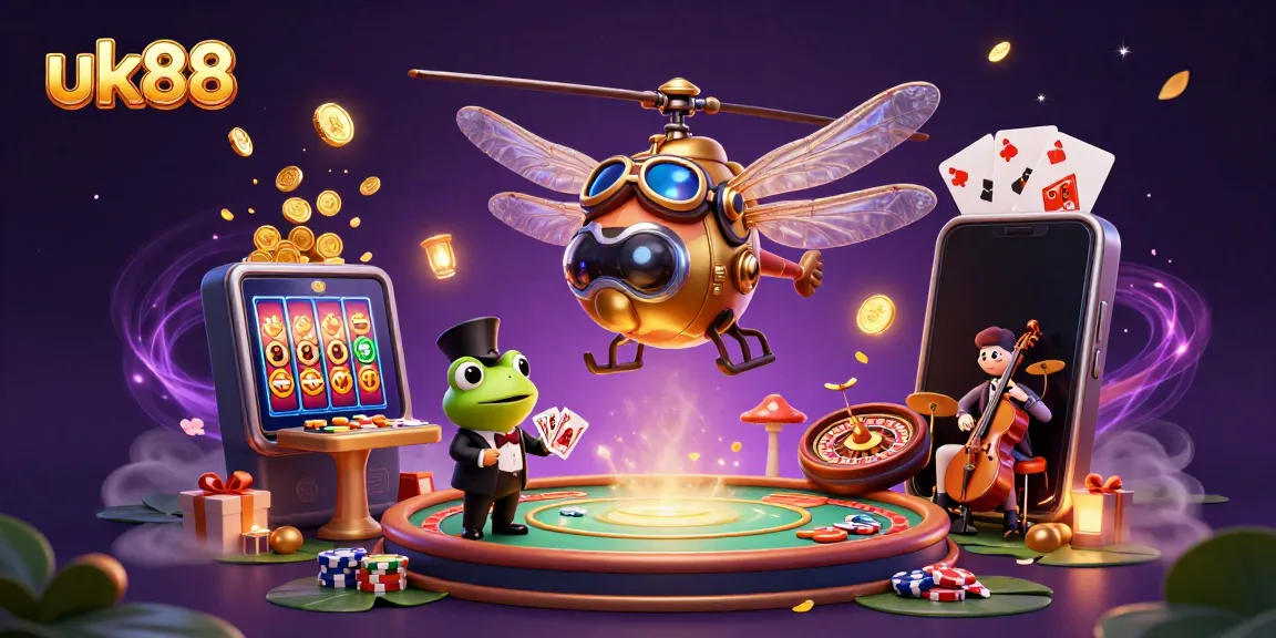 Engage in thrilling gameplay at uk88 as a dragonfly pilot and frog croupier create a vibrant casino scene.