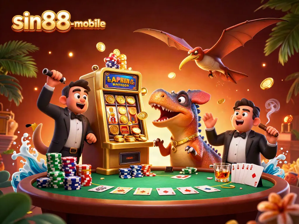Watch the pachycephalosaurus strike a golden jackpot at sin88-mobile, amidst colorful poker elements and flying coins.