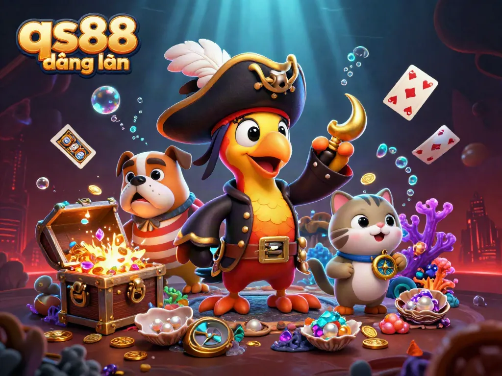 Experience qs88 đăng nhập with this vibrant 3D illustration featuring casino-themed characters and elements.