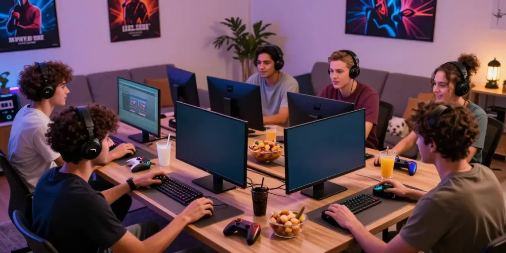Friends enjoying an exciting gaming session with kilat404 in a cozy living room setting.