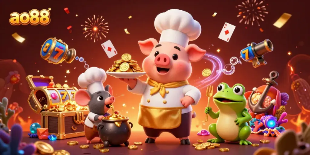 Experience exciting wins at ao88 casino with vibrant characters and gold treasures in a dynamic illustration.