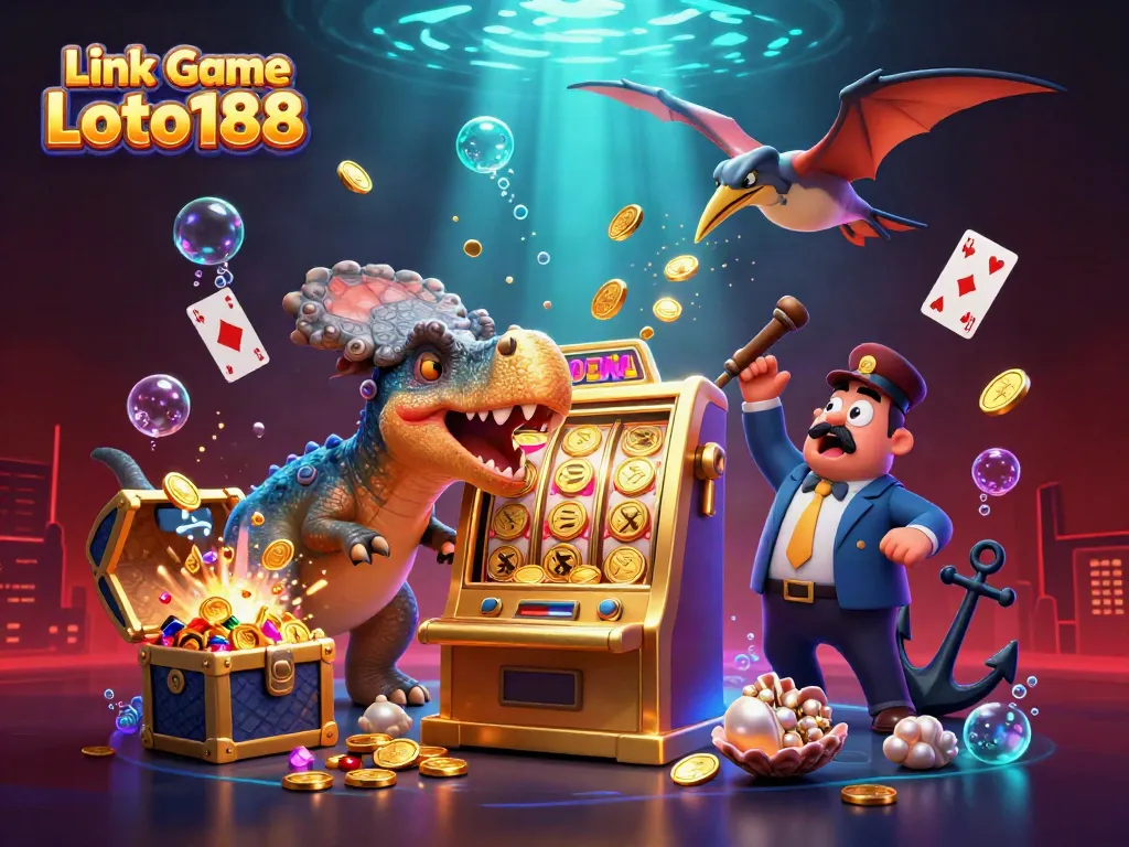 Link Game Loto188 - Cartoon dinosaurs celebrate as the slot machine fills with jackpot coins.