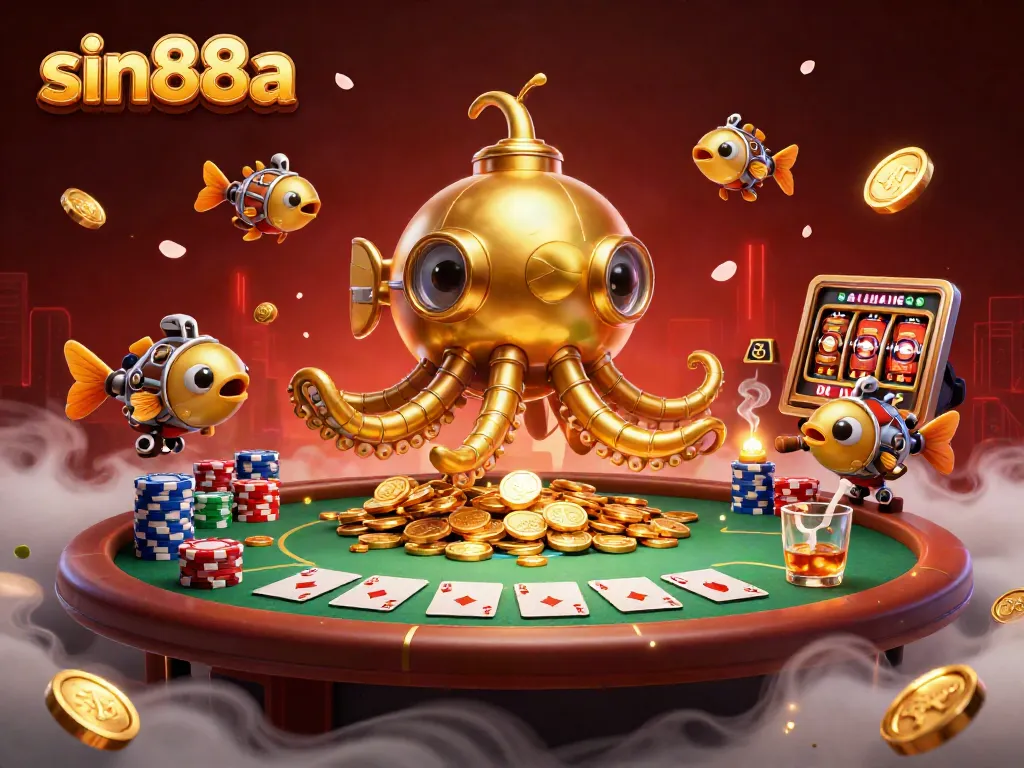 Experience thrilling gameplay with sin88a, featuring a vibrant casino scene with golden kraken and poker elements.