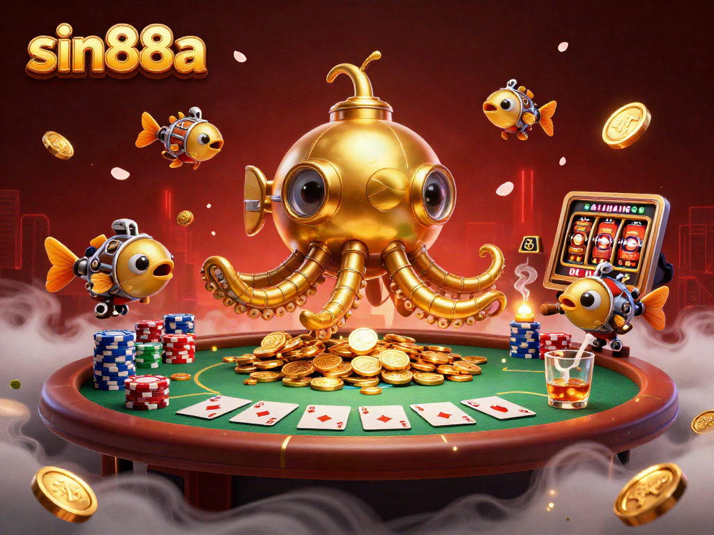 Experience thrilling gameplay with sin88a, featuring a vibrant casino scene with golden kraken and poker elements.