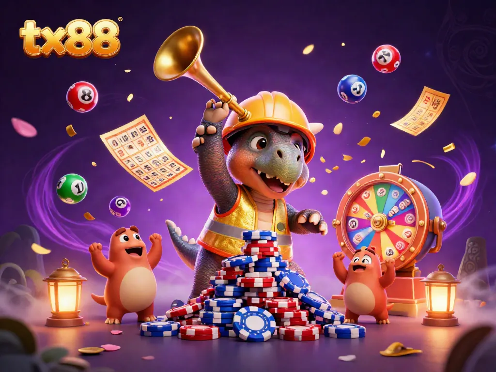 Exciting tx88 casino action blends celebration and gaming with animated characters and vibrant elements.