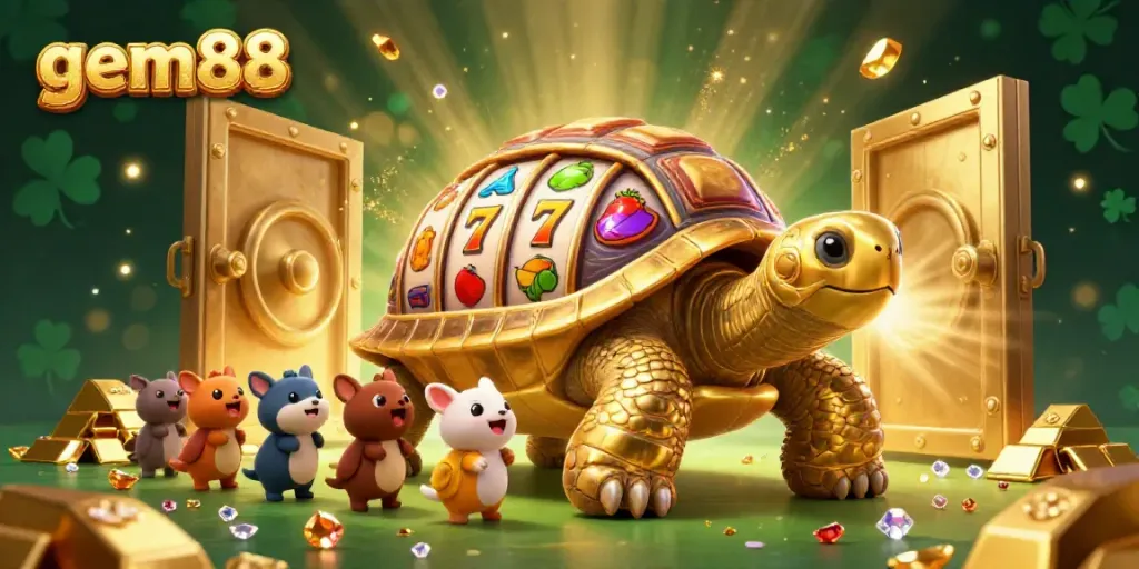 Experience the excitement of gem88 with animated slot reels and a golden tortoise in this lively casino illustration.