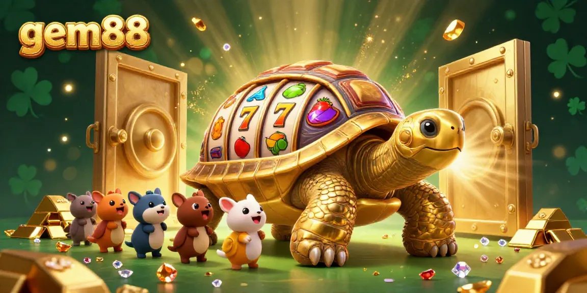 Experience the excitement of gem88 with animated slot reels and a golden tortoise in this lively casino illustration.