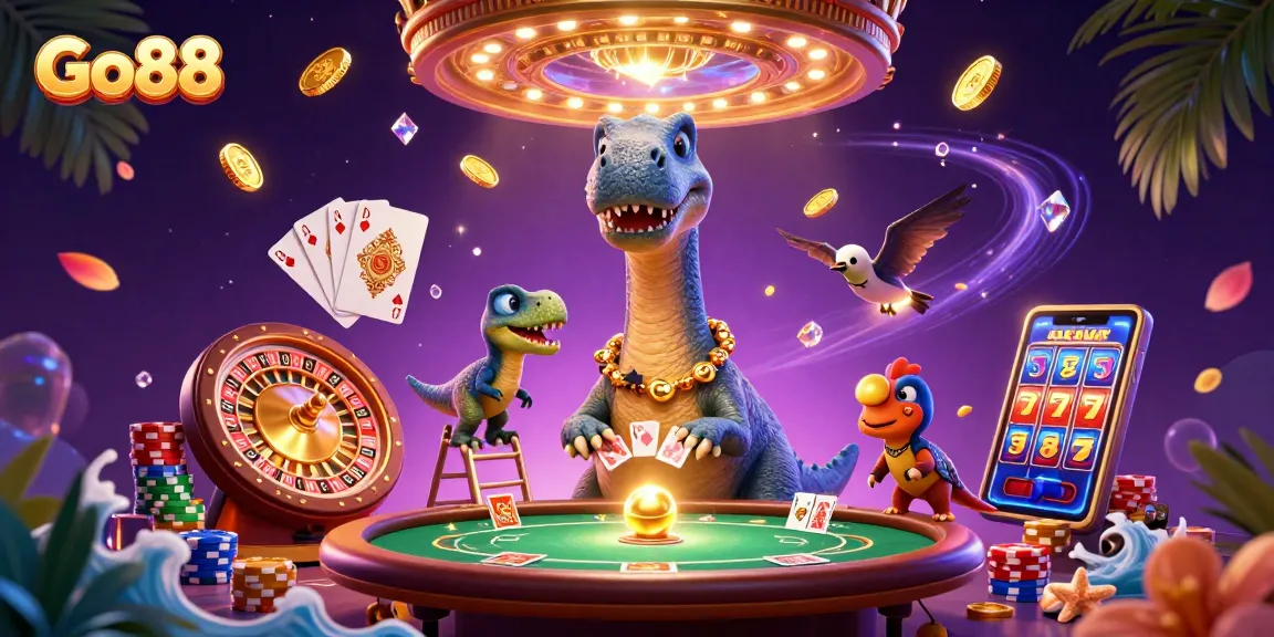 Engage with Go88 thrilling action, as the brontosaurus oversees a vibrant casino with golden chips and cards.