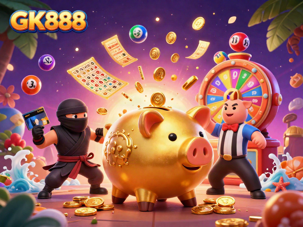 Engage with GK888's vibrant casino scene featuring animated characters and colorful game elements.