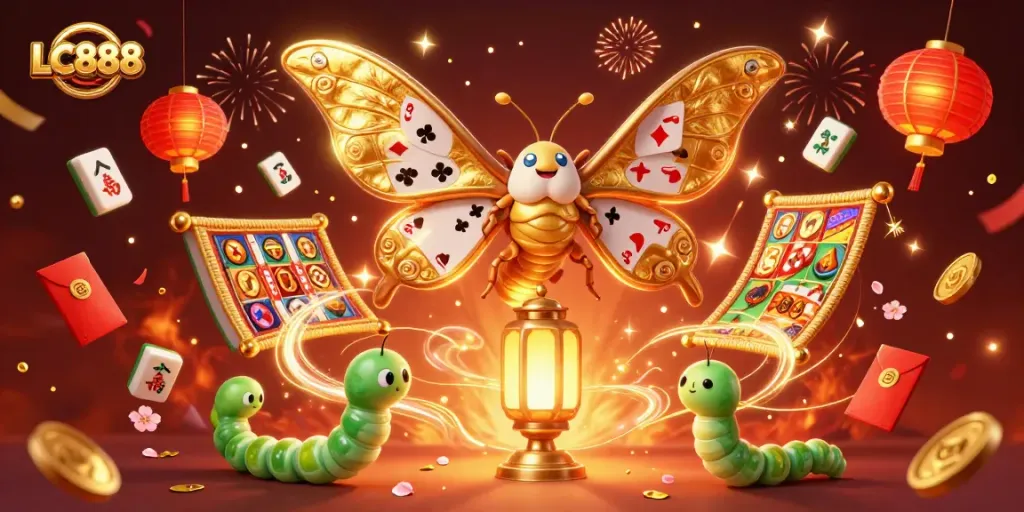 Experience the thrill of gambling with LC888 in a vibrant casino-themed illustration