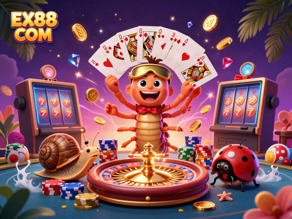 Engage in thrilling games at EX88 COM with vibrant casino action featuring cartoon characters.