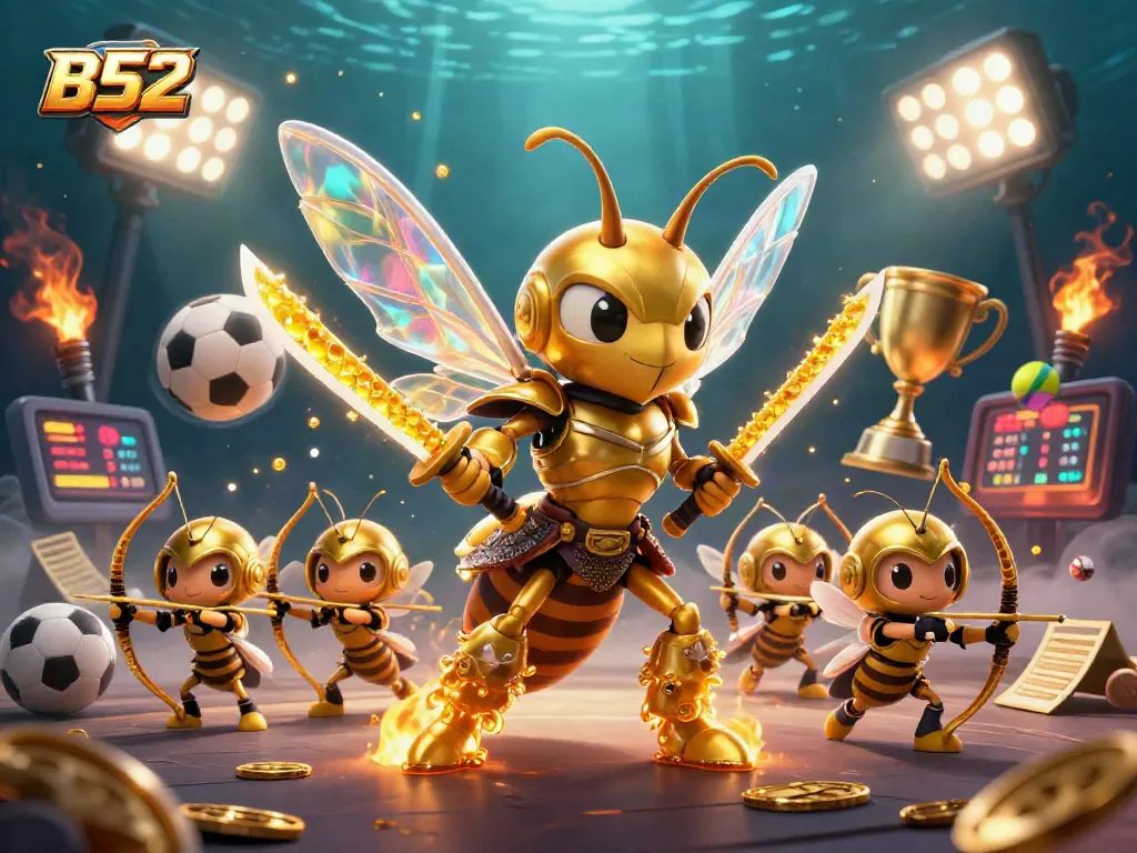 B52-themed illustration featuring a golden hornet samurai surrounded by sports elements, representing casino excitement.
