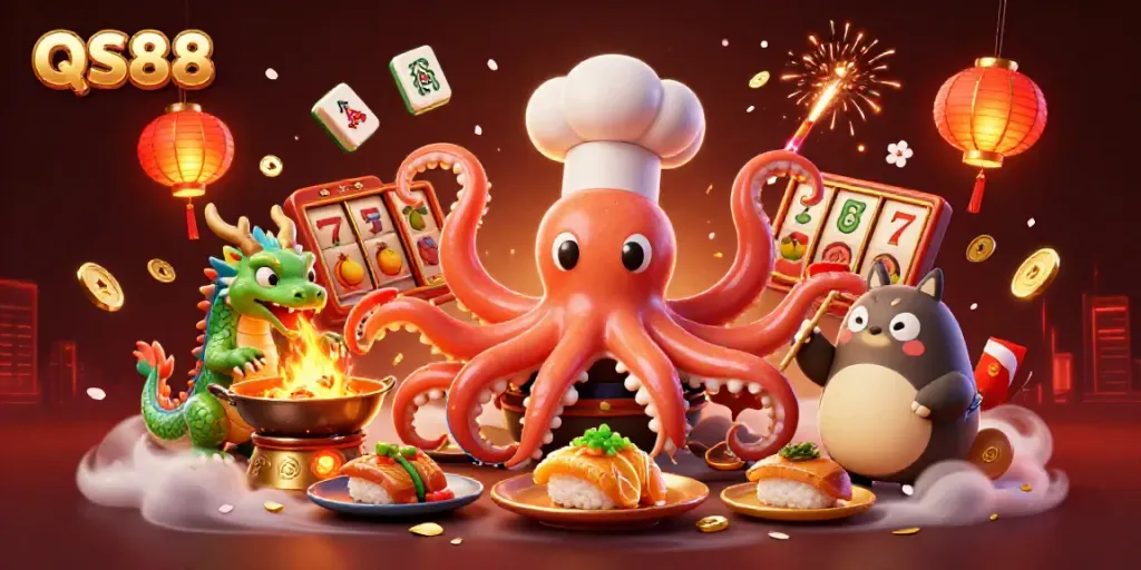 Experience the thrill of QS88 with 3D casino elements featuring vibrant characters and dynamic symbols.