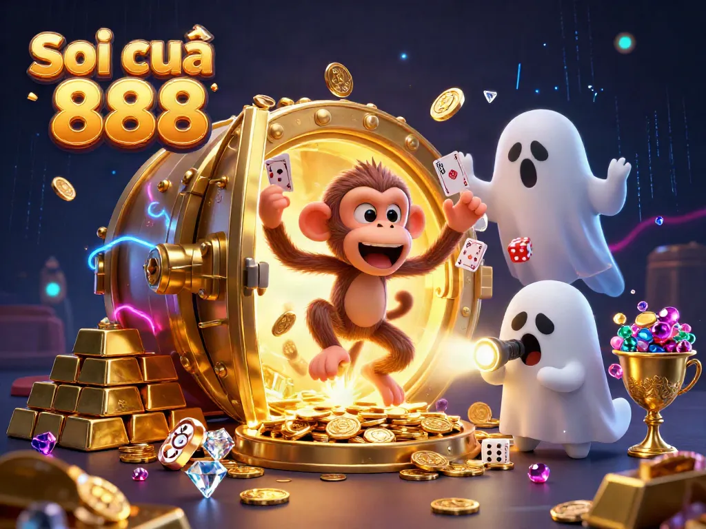 Engage with Soi cầu 888's lively casino scene, featuring a poltergeist monkey juggling treasure amidst dazzling effects.