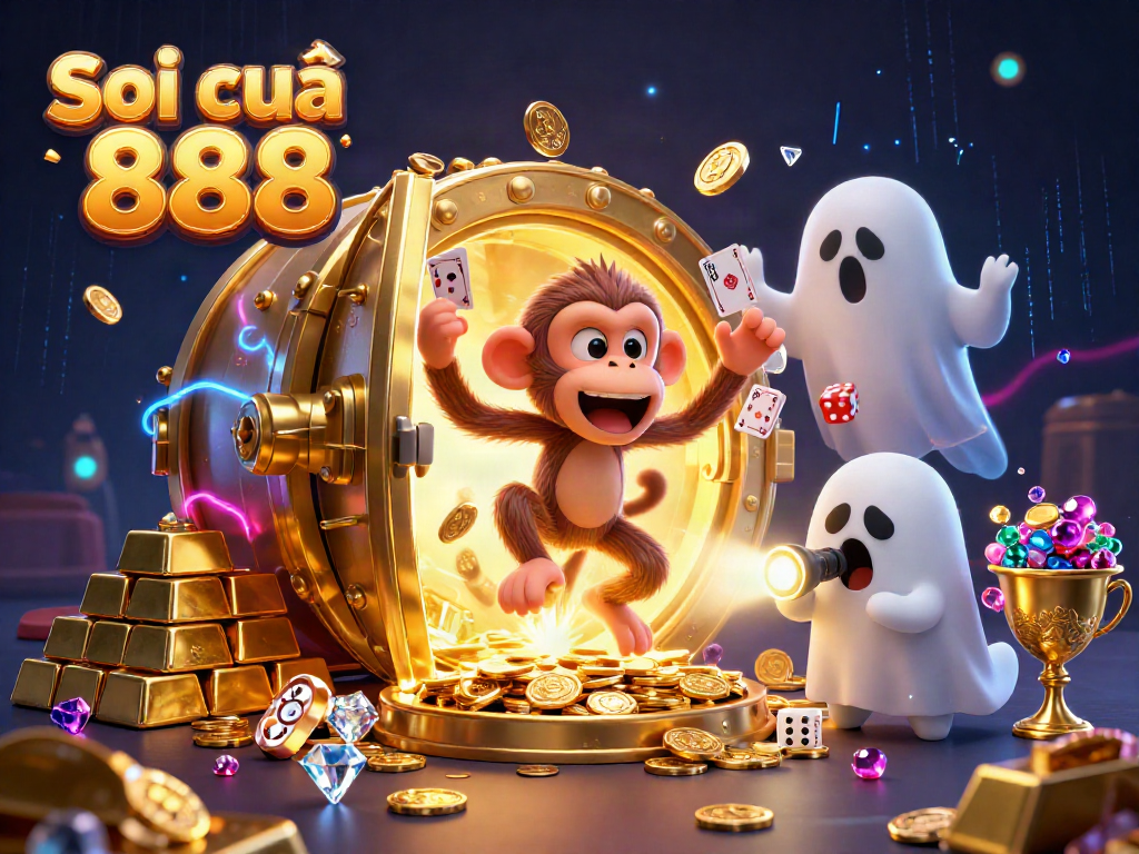 Engage with Soi cầu 888's lively casino scene, featuring a poltergeist monkey juggling treasure amidst dazzling effects.