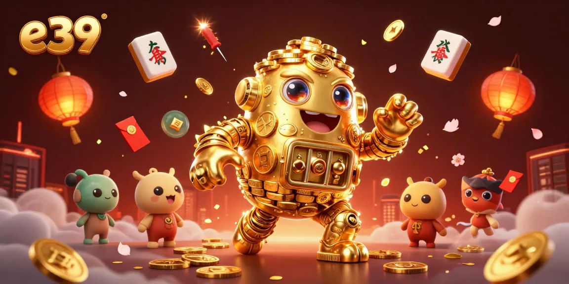 Experience thrilling gambling action with e39's vibrant 3D golden golem amidst festive casino elements.