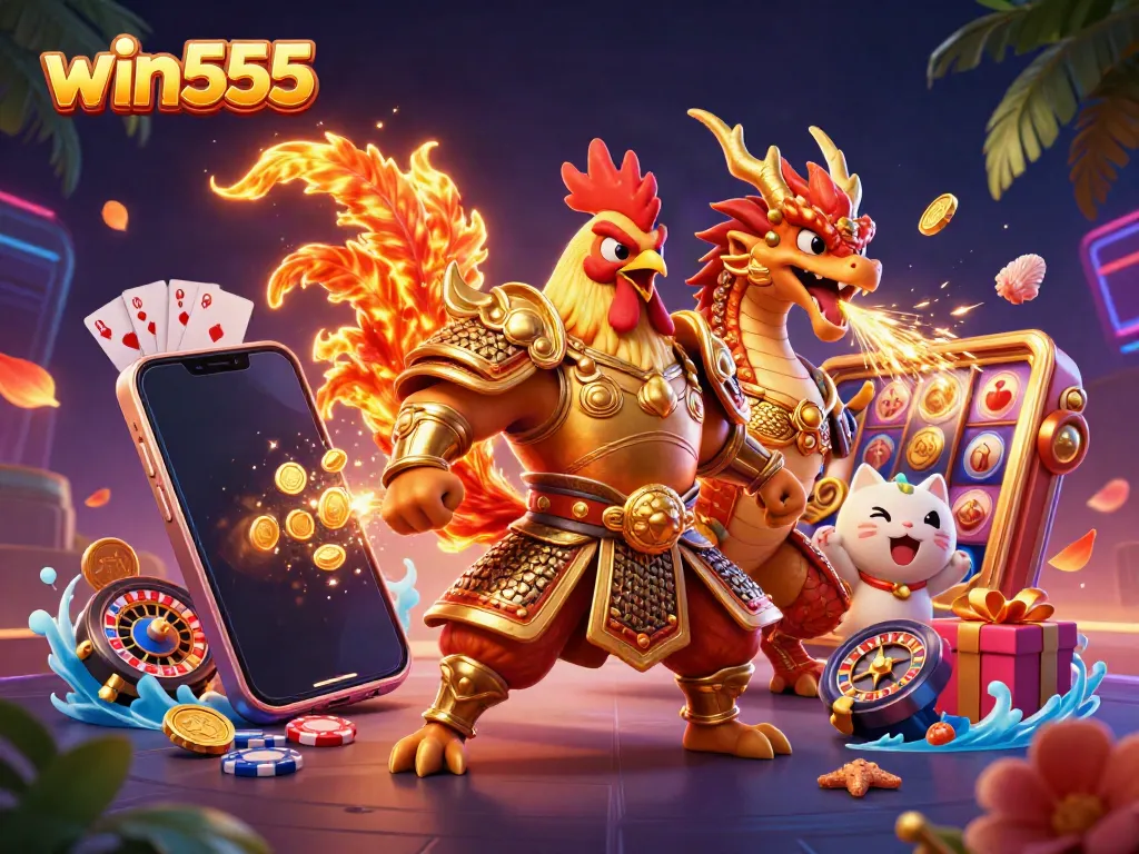 Win555 gambling joyfully as a colorful slot game explodes with excitement around a samurai rooster warrior.