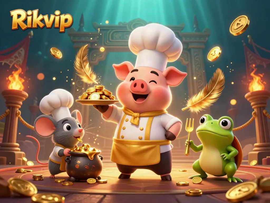 Experience the thrill of Rikvip as a cartoon chef serves gold coins in a vibrant casino scene.