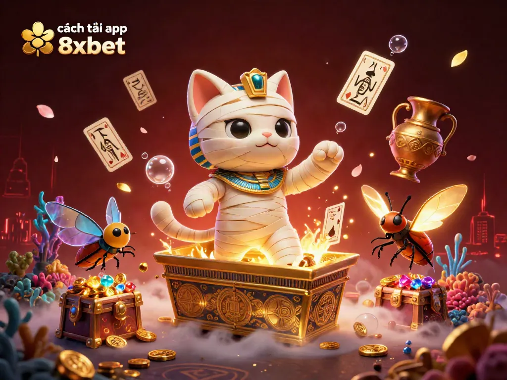 Engage in gaming excitement with cách tải app 8xbet featuring a mummy cat and golden treasures.