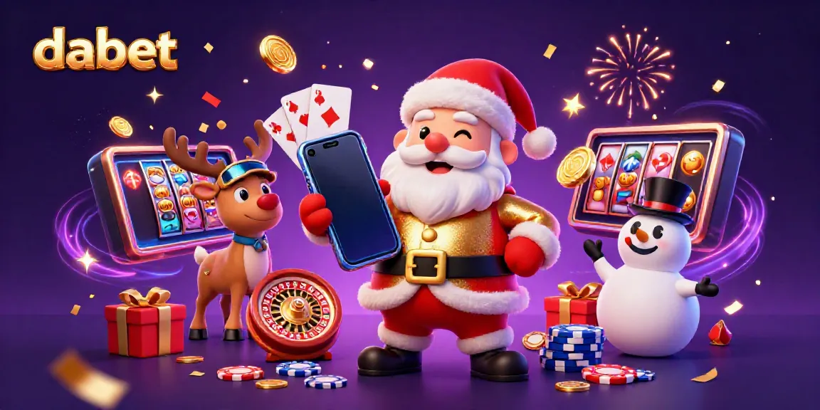 Experience festive gaming with dabet through a vibrant scene featuring casino fun elements like slots and poker chips.