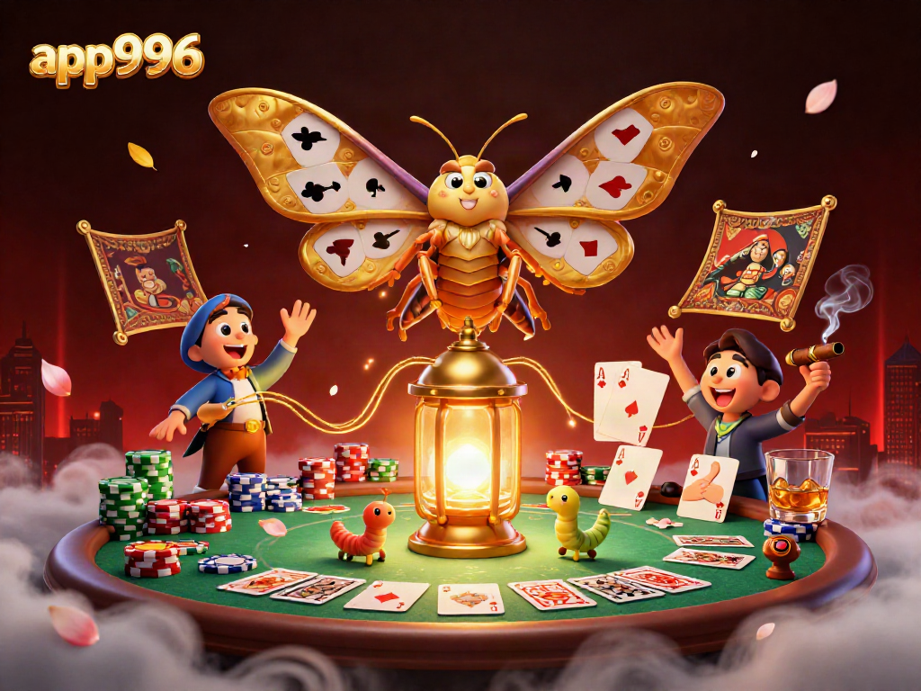 Experience the vibrant casino scene with app996 featuring a majestic atlas moth and poker dynamics.