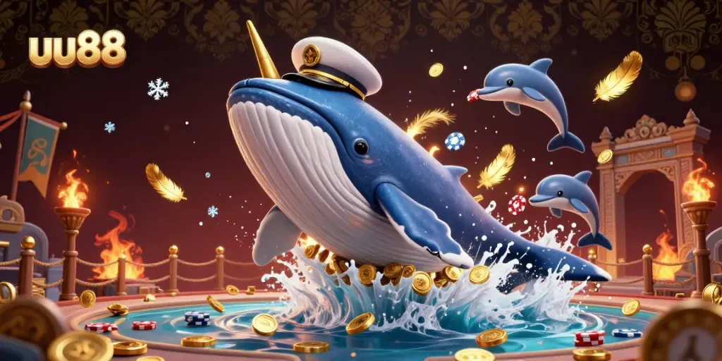 Experience the excitement of uu88 with a 3D whale captain and dolphins in a vibrant casino scene.