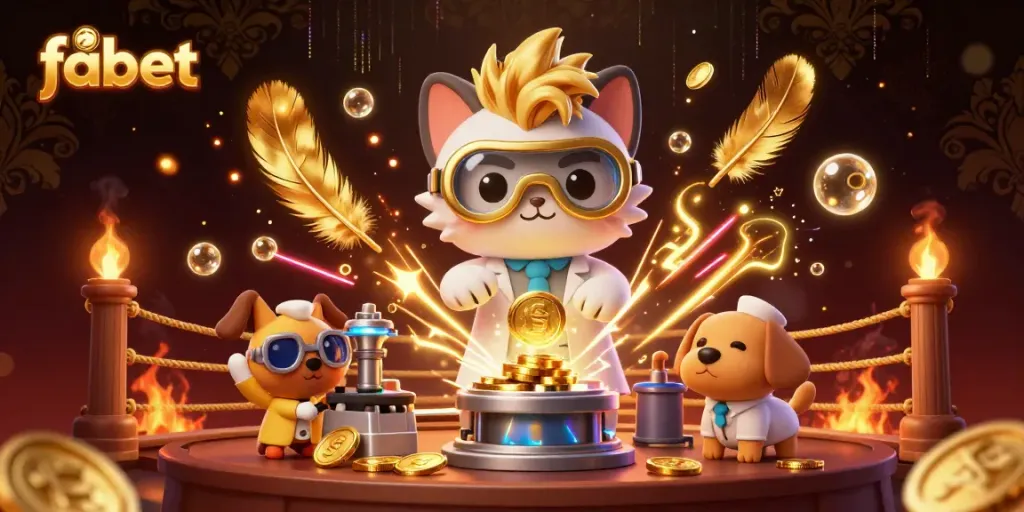Experience thrilling bets at fabet with mad scientist cat and loyal dog in a vibrant casino lab.