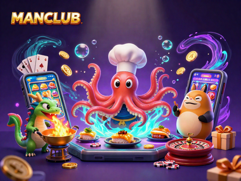Engage with MANCLUB's thrilling slots, featuring a colorful scene with unique characters.