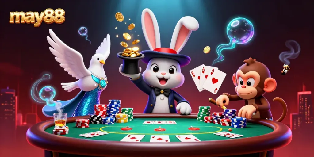 Experience may88 with a magician rabbit, glamorous dove, and monkey amidst poker elements.
