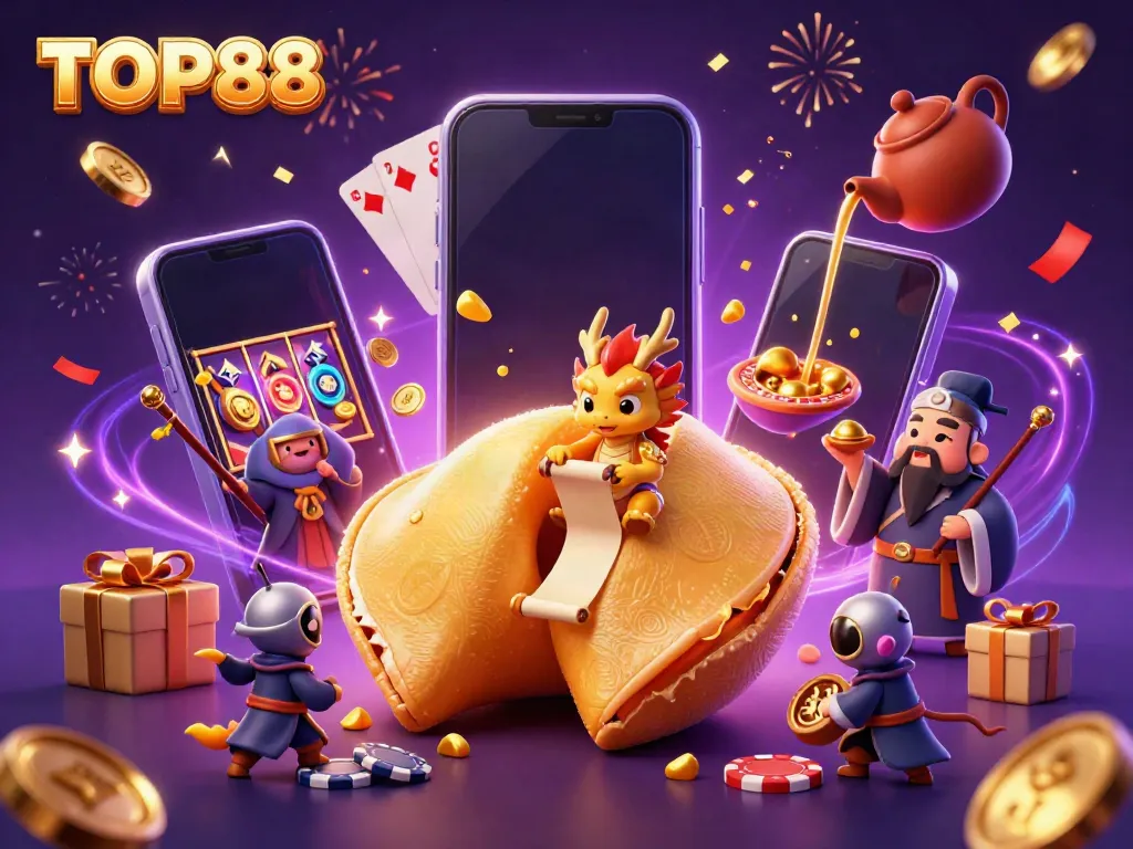 Engage in TOP88 casino games with a dynamic fortune cookie scene featuring luck and excitement.