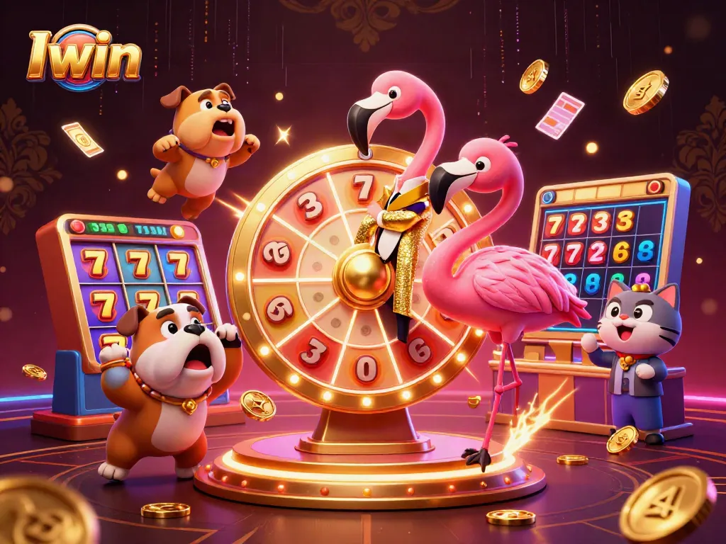 Iwin features an excited bulldog contestant alongside a flamingo host spinning a jackpot wheel in a casino.