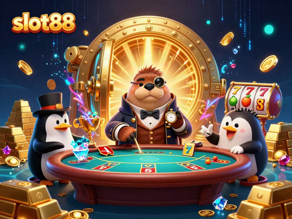 Slot88 menghadirkan walrus ceria dan penguin dealer dalam ilustrasi kasino bawah laut yang penuh warna.
