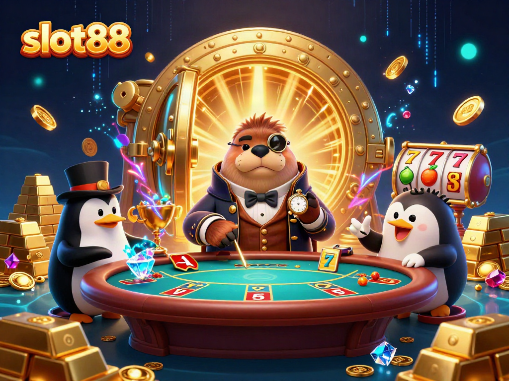 Slot88 menghadirkan walrus ceria dan penguin dealer dalam ilustrasi kasino bawah laut yang penuh warna.