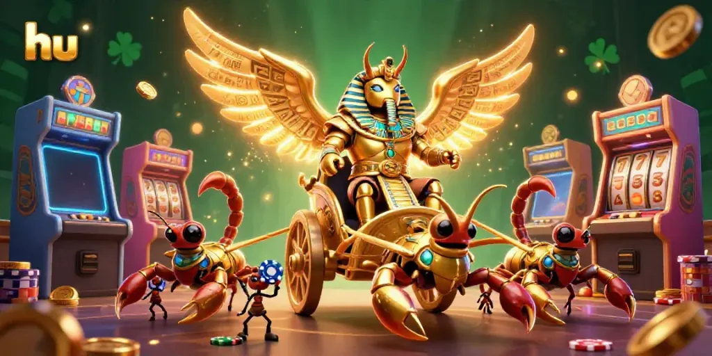 Engage in thrilling online casino excitement with hu, featuring a golden scarab beetle, scorpions, and vibrant gaming elements.