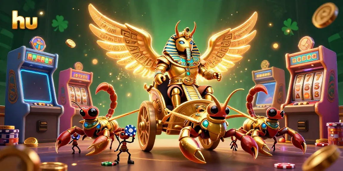Engage in thrilling online casino excitement with hu, featuring a golden scarab beetle, scorpions, and vibrant gaming elements.