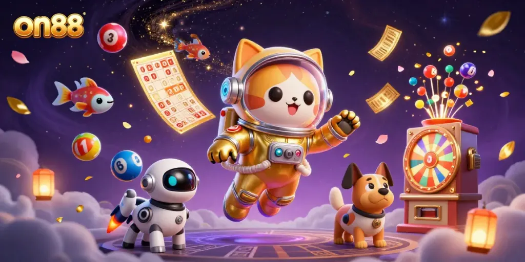 Experience thrilling gaming visuals with on88's vibrant 3D casino-themed illustration.