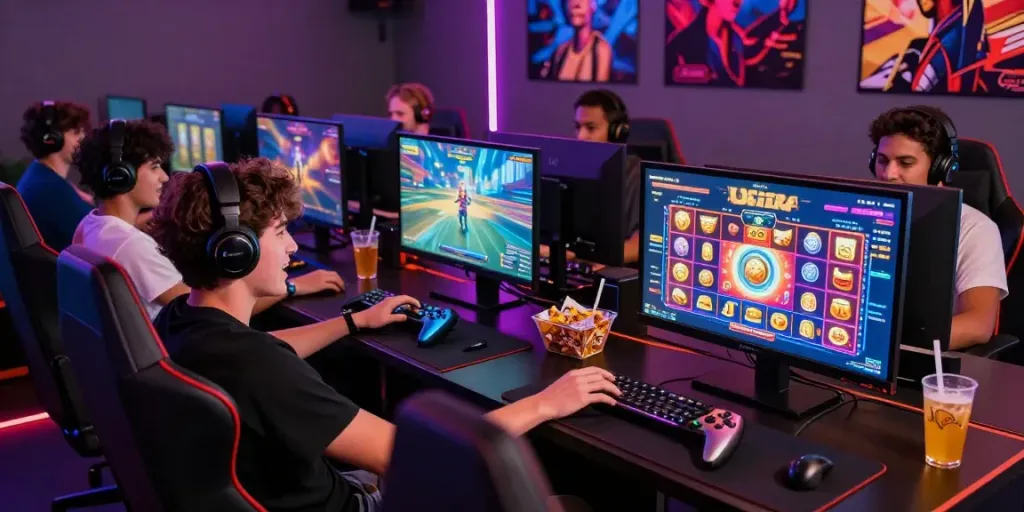 Engaging group enjoying situs gacor gaming with vibrant visuals and snacks.
