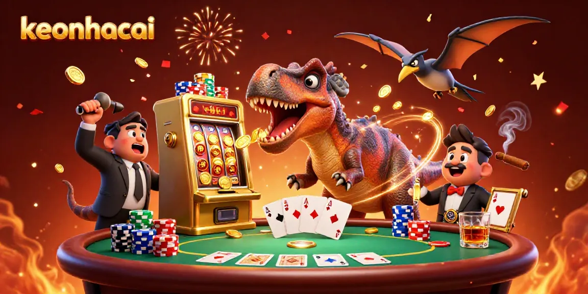 Experience keonhacai action as a cartoon dinosaur interacts with a golden slot machine in a dynamic casino setting.