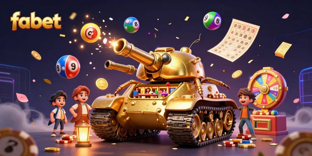 Engage with fabet's exciting 3D casino experience featuring a golden beetle tank and vibrant lottery elements.
