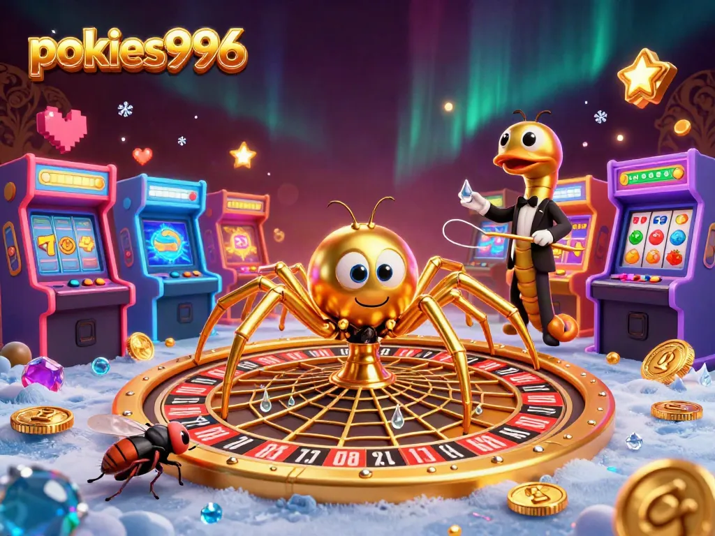 Experience pokies996 with a lively scene of characters and golden casino elements, showcasing dynamic gaming excitement.