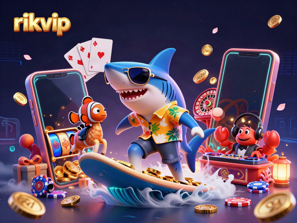 Join the fun at rikvip with a vibrant 3D illustration showcasing a lively casino scene filled with games and excitement.
