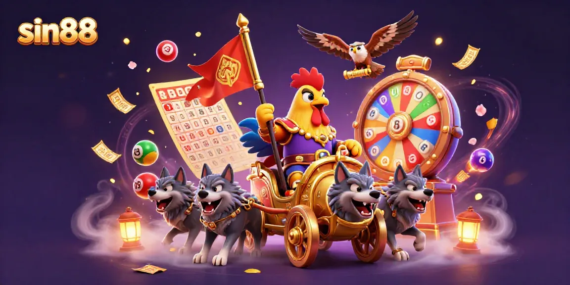 Engage with the thrilling sin88 experience as a cartoon rooster warlord leads the way in a vibrant casino scene.