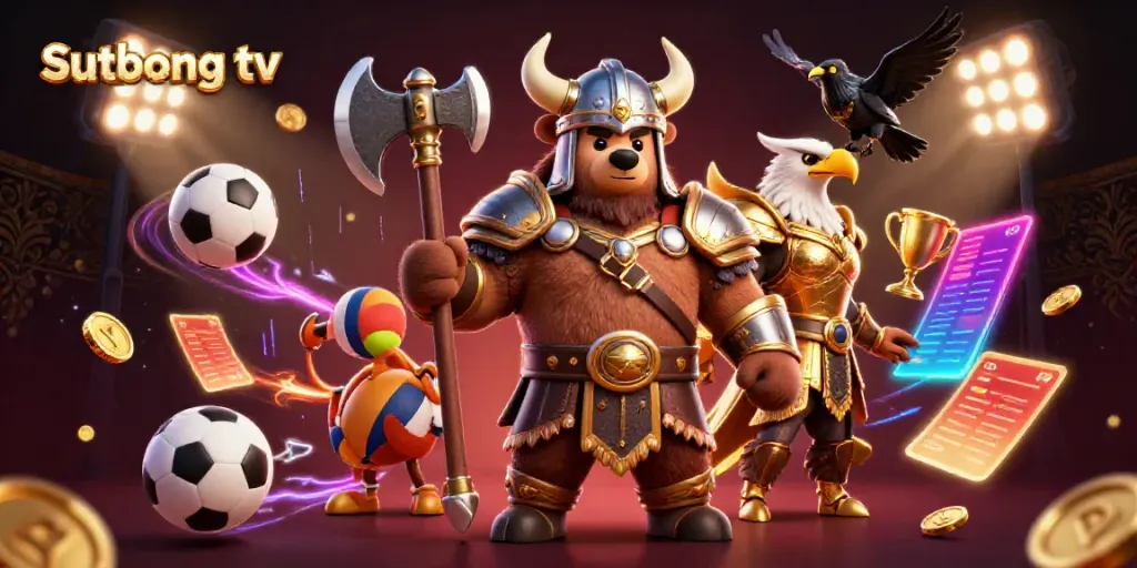 Sutbong tv showcases a captivating 3D Viking bear and Valkyrie eagle amidst dynamic sports and betting elements.