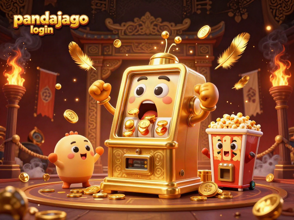 Pandajago login menampilkan mesin slot emas yang terkejut saat jackpot, dikelilingi mesin slot kecil dan atmosfer berapi-api.